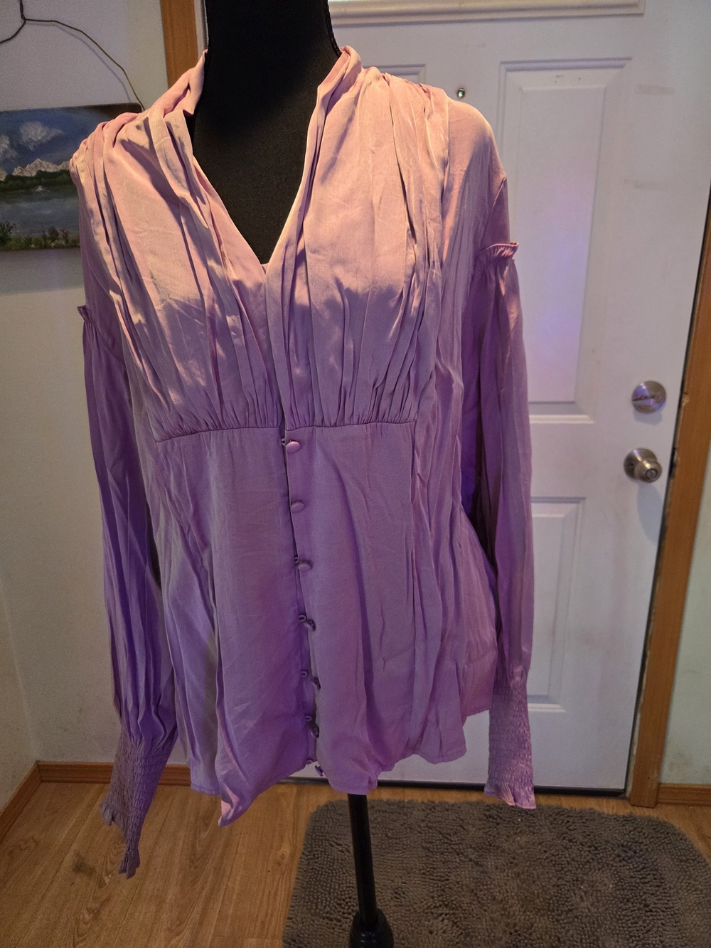 Lavender V-Neck Pleated Button-Front Blouse